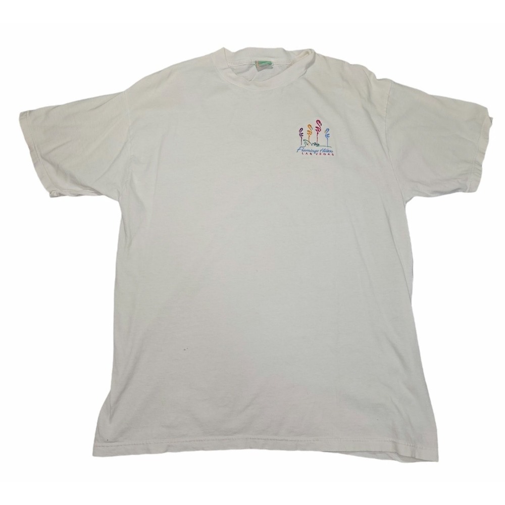 Vintage 90s Flamingo Hilton Las Vegas Embroidered T Shirt XL White Made in USA